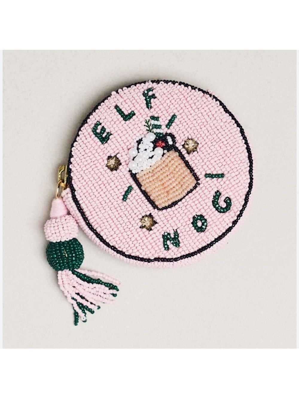 Anthropologie “ELF NOG” Nephthys Illustrated Beaded Disc Round Zip Coin Purse.